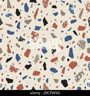 Abstraktes italienisches Terrazzo-Nahtloses Muster. Verstreute mehrfarbige Steine handgezeichnete dekorative Textur. Gebrochenes Buntglas, farbenfrohe Formen im Hintergrund. Stockfoto
