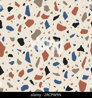 Abstraktes italienisches Terrazzo-Nahtloses Muster. Verstreute mehrfarbige Steine handgezeichnete dekorative Textur. Gebrochenes Buntglas, farbenfrohe Formen im Hintergrund. Stockfoto