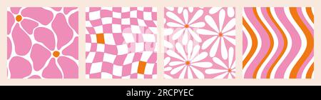 1970 Gänseblümchen, Trippy Grid, Wavy Swirl nahtloses Muster in Orange, Rosa. Handgezeichnete Vektordarstellung. 70er-Jahre-Style, groovy Background, T-Shirts. Flaches Design, Hippie-Ästhetik. Stock Vektor