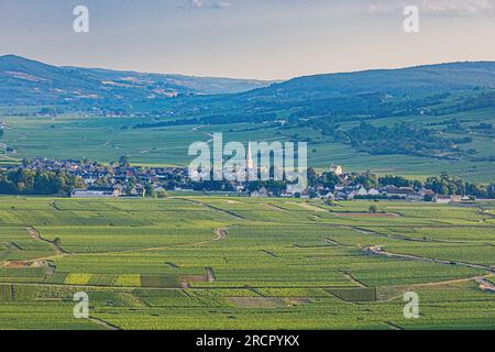 Reportage photos en montgolfière au-dessus de Pommard avec France Montgolfières. Village de Meursault vue de haut et vignes autour. Fotobericht in einem Stockfoto