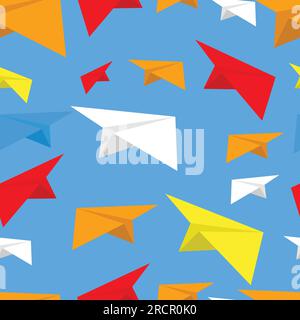 Ein farbenfrohes nahtloses Muster aus Papierflugzeug. Papierflugzeugmuster für Drucke, Cover, Textilien und mehr. Darstellung des Hintergrunds im Papierebenen-Design Stock Vektor