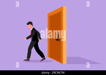 Eine Wohnung mit Figuren, die einen jungen Geschäftsmann anzieht und die Tür verschlossen lässt. Neue Geschäftsvorhaben. Unternehmer auf dem neuen Markt. Karriereentwicklung oder vi Stockfoto