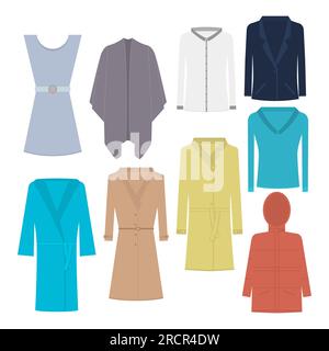Set aus Damenbekleidung, Bekleidung, Bekleidung. Vektorabbildungen. Hemd, Kleid, Poncho, Blazer, Bluse, bademantel, Mantel, Mantel, Jacke. Stock Vektor