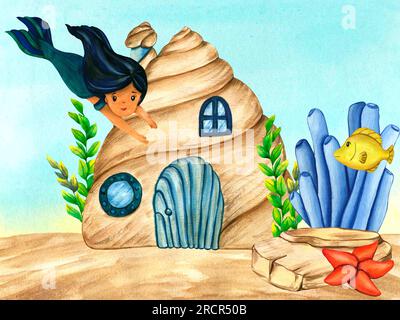 Aquarelle Illustrationen Muschelhaus, süßer gelber tang Fisch, Seesterne und blaues Seetang. Meeresboden, Unterwasserlandschaft Hintergrund. Clipkunstwerke Stockfoto