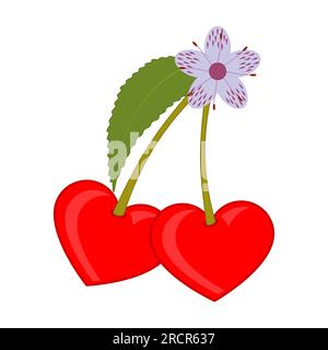 Zwei rote Herzen in Form von Kirschbeeren mit einer Blütenblume und einem grünen Blatt. Vektordarstellung in flacher Form. Stock Vektor