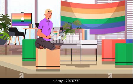 schwule sitzen am Arbeitsplatz und verwenden Tablet pc lgbt rainbow Flag Transgender Love Generation Z Concept Büroeinrichtung Stock Vektor