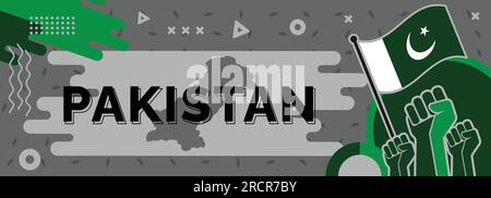 Pakistanischer Nationaltag Banner Unabhängigkeitstag mit abstraktem, modernem Design. Karte der Islamischen Republik Pakistan, erhabene Fäuste, geometrische Kunst im Flaggenthema Stock Vektor