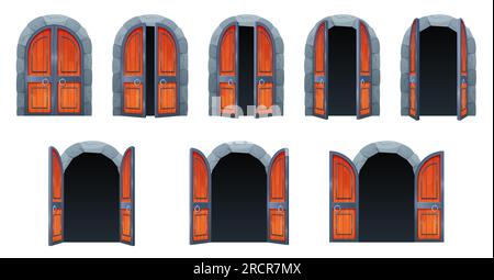 Schlosstür offen, Animation Vektordarstellung einstellen. Cartoon isolierte offene und geschlossene Holztore, die eine Reihe brauner Doppeltüren im Steinbogen der Tür im mittelalterlichen Kerker öffnen Stock Vektor