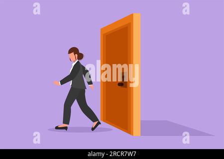Flaches Grafikdesign, das eine Geschäftsfrau beim Gehen und Verlassen der Tür darstellt. Neue Geschäftsvorhaben. Unternehmer auf dem neuen Markt. Karriereentwicklung oder V Stockfoto