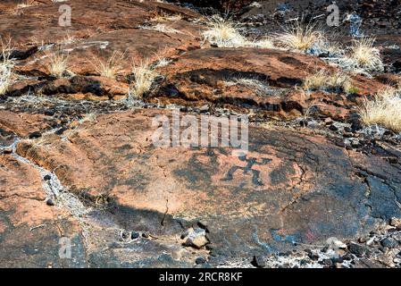 Details zu einer Petroglyphe, die von anakienten hawaiianern geschnitzt wurde Stockfoto