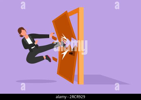 Eine Zeichentrickfigur im flachen Stil, eine Geschäftsfrau tritt mit fliegendem tritt die Tür ein, bis die Tür zerbrochen ist. Eine Frau tritt gegen eine verschlossene Tür. Geschäftsmetapher von OVERCom Stockfoto