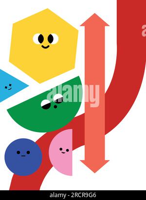 Vektor-Landingpage mit geometrischem Zeichen auf weißem Hintergrund. Zeichentrickfiguren, bunte Figuren, Doppelpfeile. Vorlage für das Posterdesign. Stock Vektor