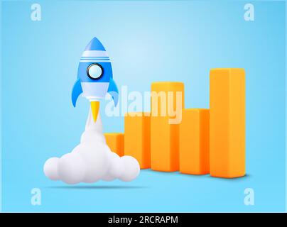 3D Rakete mit Rauch, Feuer, wachsendem Balken- oder Säulendiagramm, isoliert im Hintergrund. Konzept für Start-up, Umsatzsteigerung, Gewinn, Gewinn, SEO-Ranking. 3D-Vektordarstellung. Vektordarstellung Stock Vektor