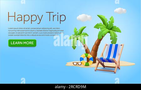 3D Liegestuhl aus Strandhölzern mit Palmen oder Kokospalmen, Rettungsring, Sonnenbrille, Sand, Wolke, Isoliert im Hintergrund. Bannervorlage für Sommer, Reise, Urlaub, Tour, Resort. 3D-Vektordarstellung. Vektordarstellung Stock Vektor