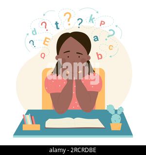 Invaliditätsproblem der kindlichen Legasthenievektordarstellung. Cartoon-Legasthenikerin mit Angstzuständen beim Gesichtslernen, Lesen am Schultisch, Erziehungsschwierigkeiten und psychischen Störungen bei verwirrtem Kind Stock Vektor