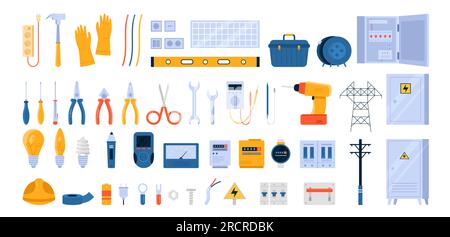 Elektrowerkzeuge-Set Vektorsteuerung. Cartoon isolierte Elektriker Sammlung von Geräten für die Inspektion von Stromversorgungssystemen, Kabel- und Sicherheitshandschuhe, Stecker und Steckdose, Glühbirnen Stock Vektor