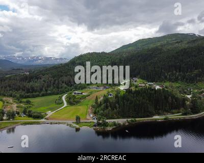 Luftaufnahme, Drohnenaufnahme der norwegischen Fjorde mit grünen Kiefern und privaten Häusern. Stockfoto