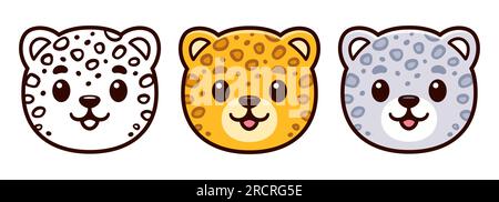 Süßes Cartoon-Leopardengesicht-Symbol, Kawaii-Baby-Tier. Schwarz-weiße Linien, Schneeleopard und Gelb. Vektor-Clip-Art-Illustration. Stock Vektor