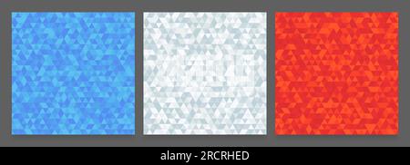 Abstraktes geometrisches Dreiecksmuster festgelegt. Drei Ausführungen: Rot, weiß und blau. Helle nahtlose Struktur, moderner Hintergrund. Stock Vektor