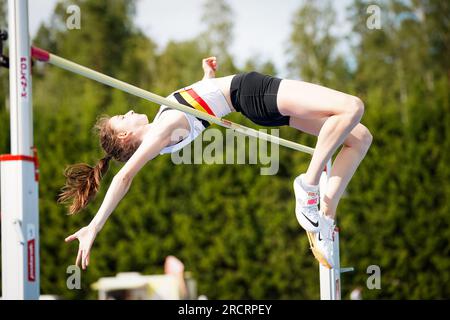 Espoo, Finnland. 16. Juli 2023. Yorun Ligneel in Aktion während des High-Jump-Ereignisses am vierten und letzten Tag der Europameisterschaft U23 in Espoo, Finnland, am Sonntag, den 16. Juli 2023. Die Europameisterschaften finden vom 13. Bis 17. Juli statt. BELGA PHOTO COEN SCHILDERMAN Credit: Belga News Agency/Alamy Live News Stockfoto