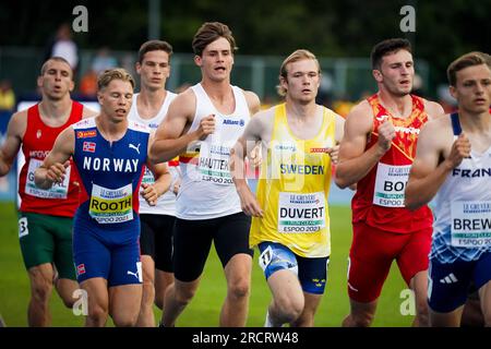 Espoo, Finnland. 16. Juli 2023. Jente Hauttekeete (C) in Aktion am vierten und letzten Tag der europäischen Leichtathletikmeisterschaft U23, Sonntag, den 16. Juli 2023 in Espoo, Finnland. Die Europameisterschaften finden vom 13. Bis 17. Juli statt. BELGA PHOTO COEN SCHILDERMAN Credit: Belga News Agency/Alamy Live News Stockfoto