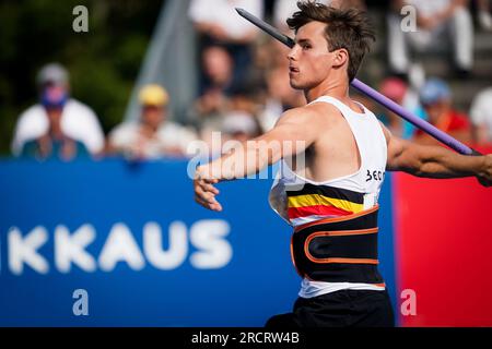 Espoo, Finnland. 16. Juli 2023. Jente Hauttekeete in Aktion am vierten und letzten Tag der europäischen Leichtathletik-Meisterschaft U23, Sonntag, den 16. Juli 2023 in Espoo, Finnland. Die Europameisterschaften finden vom 13. Bis 17. Juli statt. BELGA PHOTO COEN SCHILDERMAN Credit: Belga News Agency/Alamy Live News Stockfoto