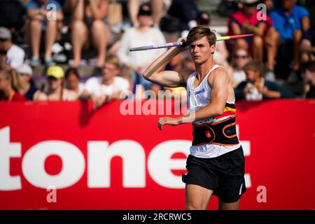 Espoo, Finnland. 16. Juli 2023. Jente Hauttekeete in Aktion am vierten und letzten Tag der europäischen Leichtathletik-Meisterschaft U23, Sonntag, den 16. Juli 2023 in Espoo, Finnland. Die Europameisterschaften finden vom 13. Bis 17. Juli statt. BELGA PHOTO COEN SCHILDERMAN Credit: Belga News Agency/Alamy Live News Stockfoto