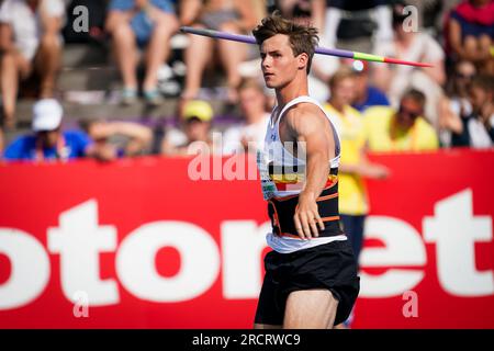 Espoo, Finnland. 16. Juli 2023. Jente Hauttekeete in Aktion am vierten und letzten Tag der europäischen Leichtathletik-Meisterschaft U23, Sonntag, den 16. Juli 2023 in Espoo, Finnland. Die Europameisterschaften finden vom 13. Bis 17. Juli statt. BELGA PHOTO COEN SCHILDERMAN Credit: Belga News Agency/Alamy Live News Stockfoto