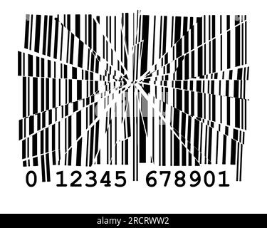 Defekter oder zerbrochener schwarzer Barcode mit EAN-Code auf weißem Hintergrund. Abstrakte konzeptionelle Illustration. Stockfoto