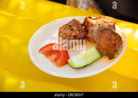 Gegrillter Kebab und Tomate mit Gurke liegen im Sommer auf einem Einwegteller auf einer gelben aufblasbaren Matratze bei einem Picknick in der Ukraine, Essen auf der Straße Stockfoto