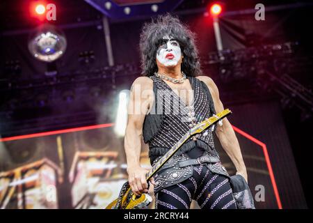 Tonsberg, Norwegen. 15., Juli 2023. Die amerikanische Rockband Kiss spielt ein Live-Konzert in Kaldnes Vest in Tonsberg. Hier wird der Gitarrist Paul Stanley live auf der Bühne gesehen. Das Konzert war das letzte in Europa, als Teil des Endes der Road World Tour. (Foto: Gonzales Photo - Terje Dokken). Stockfoto