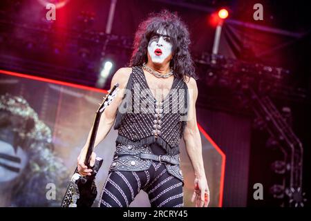 Tonsberg, Norwegen. 15., Juli 2023. Die amerikanische Rockband Kiss spielt ein Live-Konzert in Kaldnes Vest in Tonsberg. Hier wird der Gitarrist Paul Stanley live auf der Bühne gesehen. Das Konzert war das letzte in Europa, als Teil des Endes der Road World Tour. (Foto: Gonzales Photo - Terje Dokken). Stockfoto