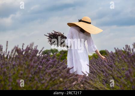 Mädchen in einem weißen Kleid mit einem Strauß frischen Lavendels auf einem Lavendelfeld. Strohhut mit breiter Krempe auf dem Kopf. Blick von hinten. Stockfoto