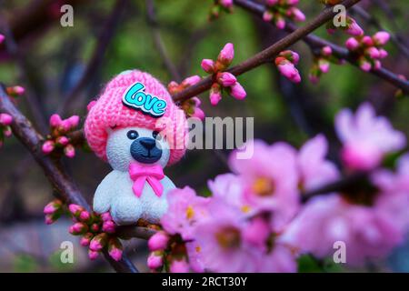 Erleben Sie den bezaubernden Anblick der wunderschönen rosa Blumen, die unter der Sonne im Freien blühen, begleitet von einem bezaubernden Spielzeug, das auf einem Ast liegt. Stockfoto