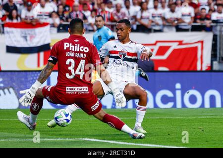 Sao Paulo, Brasilien. 16. Juli 2023. Spiel zwischen Sao Paulo und Santos für die 15. Runde der brasilianischen Meisterschaft 2023 im Estadio Cicero Pompeu de Toledo, Morumbi, am Sonntagnachmittag 16. Adriana Spaca/SPP (Adriana Spaca/SPP) Kredit: SPP Sport Press Photo. Alamy Live News Stockfoto