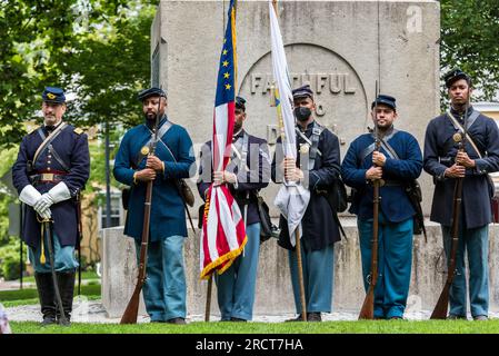 Zeremonie zu Ehren des Lebens von George Washington Dugan, dem einzigen Schwarzen aus Concord, der sich im Bürgerkrieg engagierte. Stockfoto