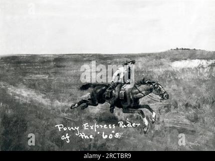 USA: 1860 Ein Pony Express-Fahrer, der die Ebenen durchquert. Der Pony Express ist nur für kurze Zeit in Betrieb, vom 1860. April bis 1861. Oktober. Er trug die Post aus St. Joseph, Missouri, nach Sacramento, Kalifornien. Stockfoto