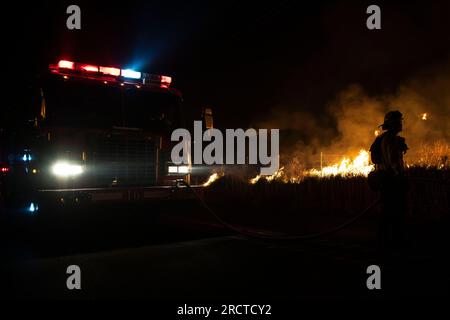 Moreno Valley, Usa. 14. Juli 2023. CalFire Fighter-Jäger begeben sich zum brutalen Hasenfeuer. Kalifornische Feuerwehrleute (CalFire) stellen sich dem Kaninchenfeuer, das derzeit Moreno Valley, Kalifornien, übernimmt, entgegen. Die Behörden haben bestätigt, dass der Brand über 3200 Hektar Land verbraucht hat und derzeit nur zu 5 % eingedämmt ist. (Foto: Jon Putman/SOPA Images/Sipa USA) Guthaben: SIPA USA/Alamy Live News Stockfoto