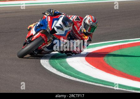 Imola, Italien. 16. Juli 2023. 16. Juli 2023.-7 Iker Lecuona (ITA) Honda CBR1000 RR-R, Team HRC beim Superpolrennen die Motul FIM Superbike Championship - Italienische Runde am Sonntag während der World Superbikes - CPrometeon Italienische Runde, 14-16. Juli 2023 in Imola, Italien. (Foto: Fabio Averna/Sipa USA) Guthaben: SIPA USA/Alamy Live News Stockfoto