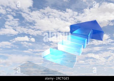 Leiter zum Himmel, Treppe zum Himmel. Blauer Pfeil mit Richtung Himmel. Erfolgskonzept. 3D-Darstellung rendern. Stockfoto