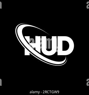 HUD-Logo. HUD-Brief. Logo mit HUD-Buchstaben. Initialen HUD-Logo verbunden mit Kreis und Monogramm-Logo in Großbuchstaben. HUD-Typografie für Technologie, Geschäfte Stock Vektor