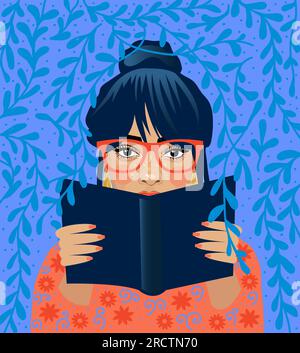 Literaturfan. Schönes Mädchen mit Buch. Ein Mädchen, das gerne liest. Buch lesen Konzept. Flache Cartoon-Vektordarstellung. Stock Vektor