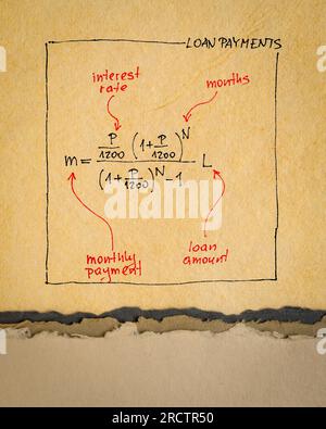 Auf Kunstpapier, geschäftlichem oder privatem Finanzkonzept skizzierte Gleichung zur Darlehenszahlung Stockfoto