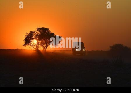 Safari-Auto bei Sonnenaufgang, Wasserloch Klein Namutoni, Etosha-Nationalpark, Namibia Stockfoto