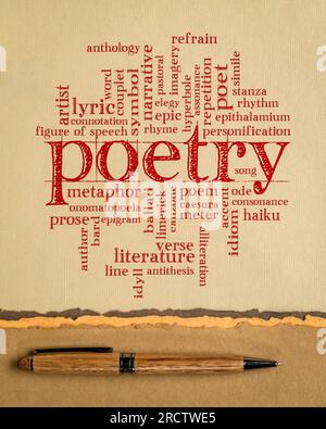 Poesie-Wortwolke - Handschrift auf handgemachtem Kunstpapier, Literaturausdrücke Stockfoto