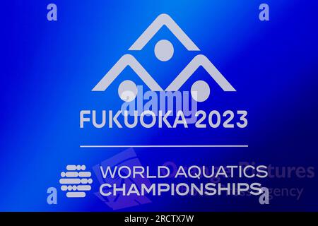 Fukuoka, Japan. 17. Juli 2023. FUKUOKA, JAPAN - 17. JULI: Logo Fukuoka 2023 während der World Aquatics Championships 2023 Männer-Match Australien und Griechenland am 17. Juli 2023 in Fukuoka, Japan (Foto: Albert Ten Hove/Orange Pictures) Guthaben: Orange Pics BV/Alamy Live News Stockfoto