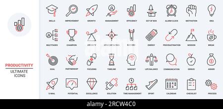 Vektordarstellung rote schwarze dünne Linien Symbole für Produktivität, Kompetenzentwicklung, Selbstverbesserung, Unternehmenstraining, Schulung von Mitarbeitern in der Unternehmensschulung, Multitasking-Entwicklungsaufgabe Stock Vektor