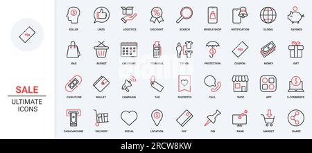 Vektordarstellung trendige rote, dünne Linien-Symbole für E-Commerce, Marketingkampagne mit Megafon, Planungskalender, Einsparungen beim Schutz, Benachrichtigung über mobile Apps Stock Vektor