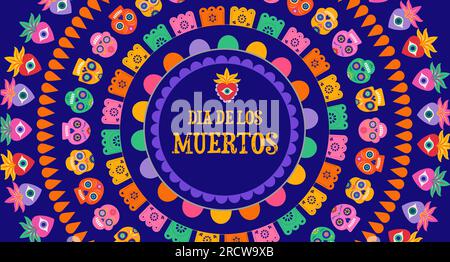 Dia de los Muertos, Tag der Toten, abstrakter mexikanischer Hintergrund mit Kreisen aus Girlanden, Papierdekorationen und Blumen Stock Vektor