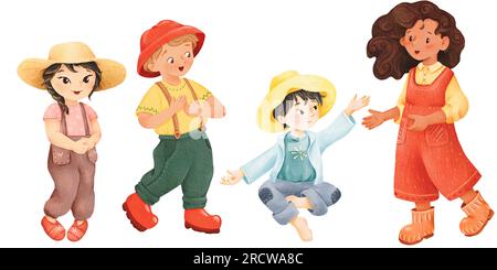 Kinder: afroamerikanische und asiatische Mädchen und Jungen. Farmer in orangefarbenen Gummistiefeln. Aquarell isolierte Illustrationen im Cartoon-Stil. Kinder Stockfoto